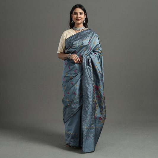Grey - Bengal Nakshi Kantha Embroidery Silk Saree