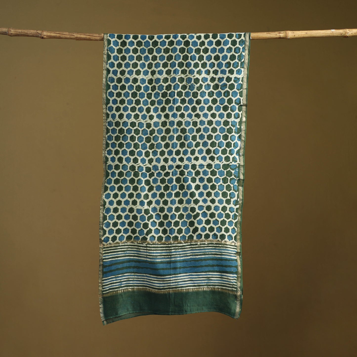 Green - Pipad Hand Block Print Natural Dyed Chanderi Silk Handloom Stole 73