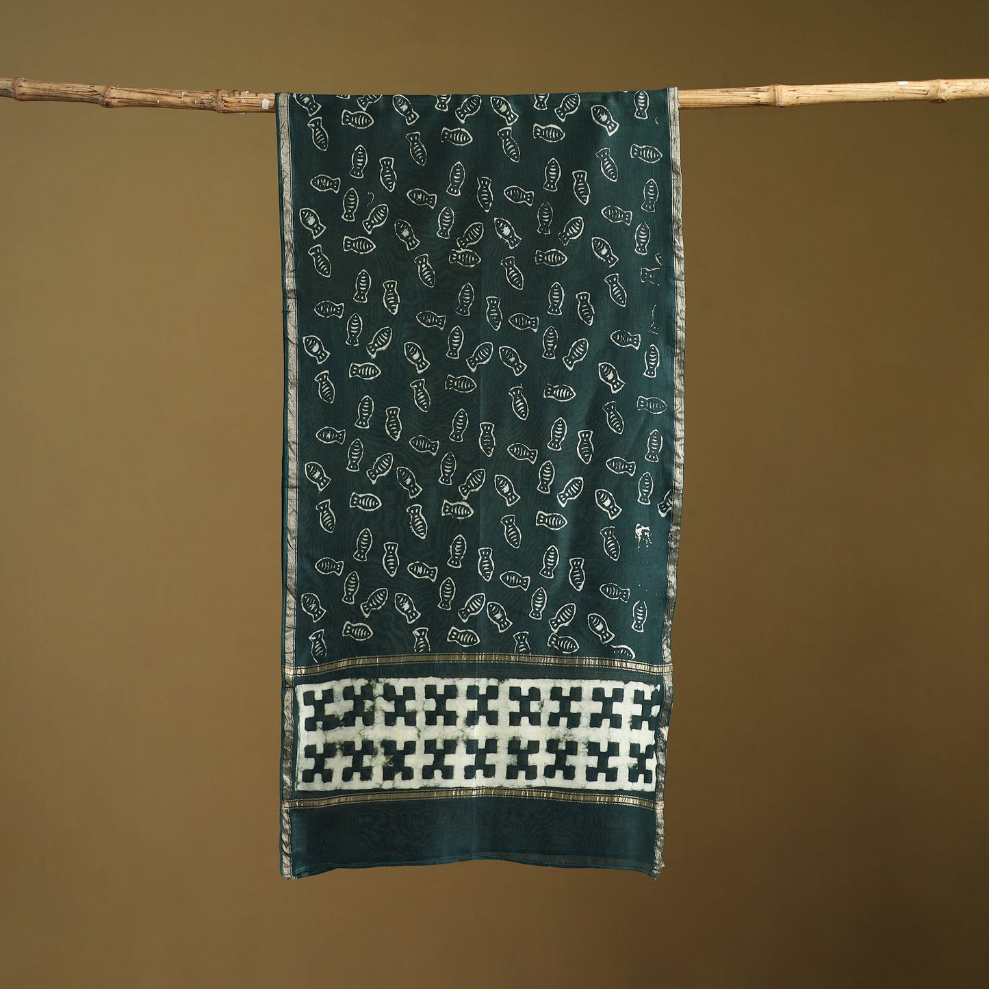 Green - Pipad Hand Block Print Natural Dyed Chanderi Silk Handloom Stole 74