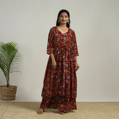 Red - Flared Cotton Block Print Kalamkari Kurta Set 02