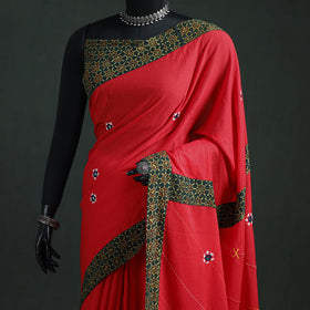 Tagai & Mirror Embroidered Ajrakh Patchwork Pure Mul Cotton Saree with Blouse Piece 02