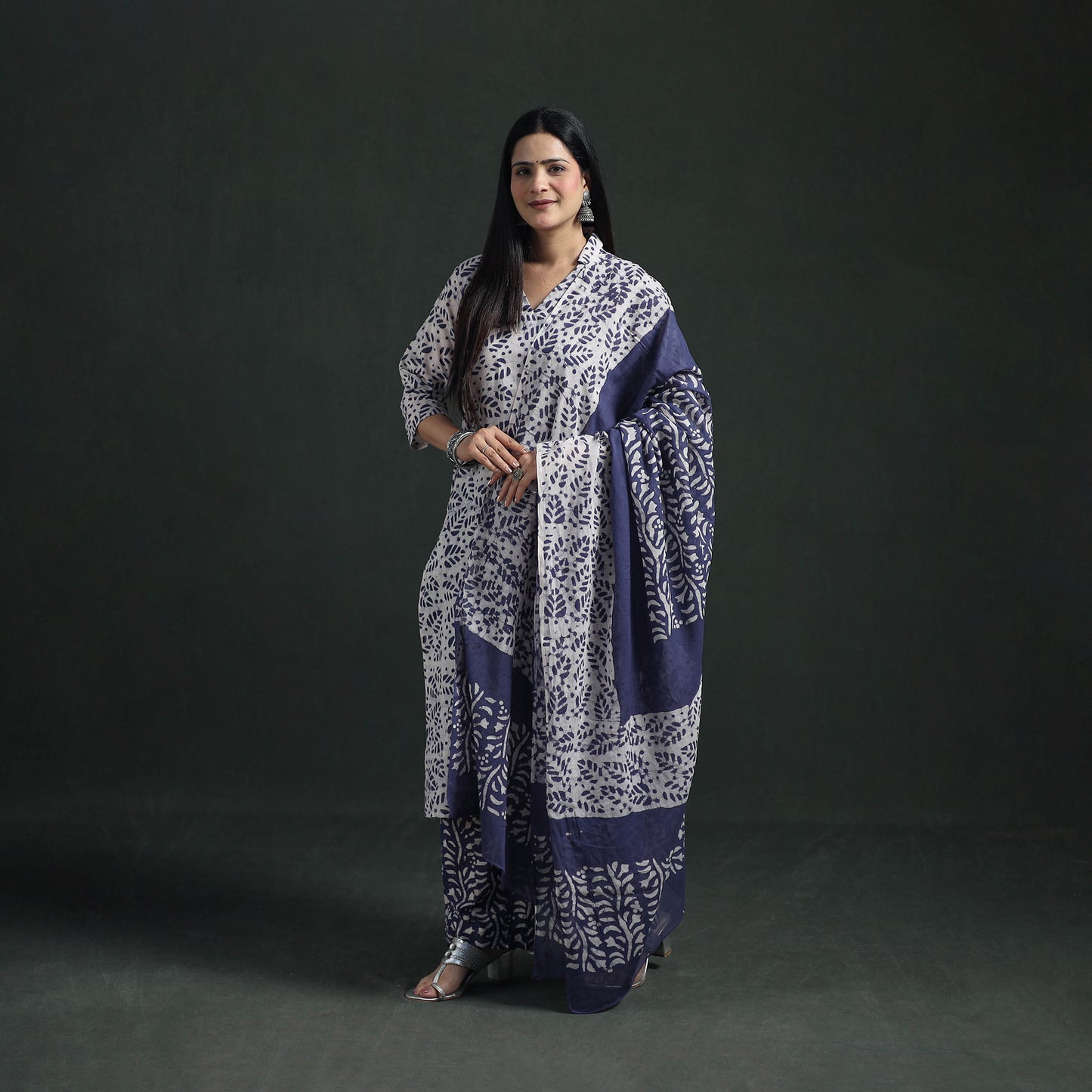 Hand Batik Print Cotton Suit Set with Dupatta for Women 14