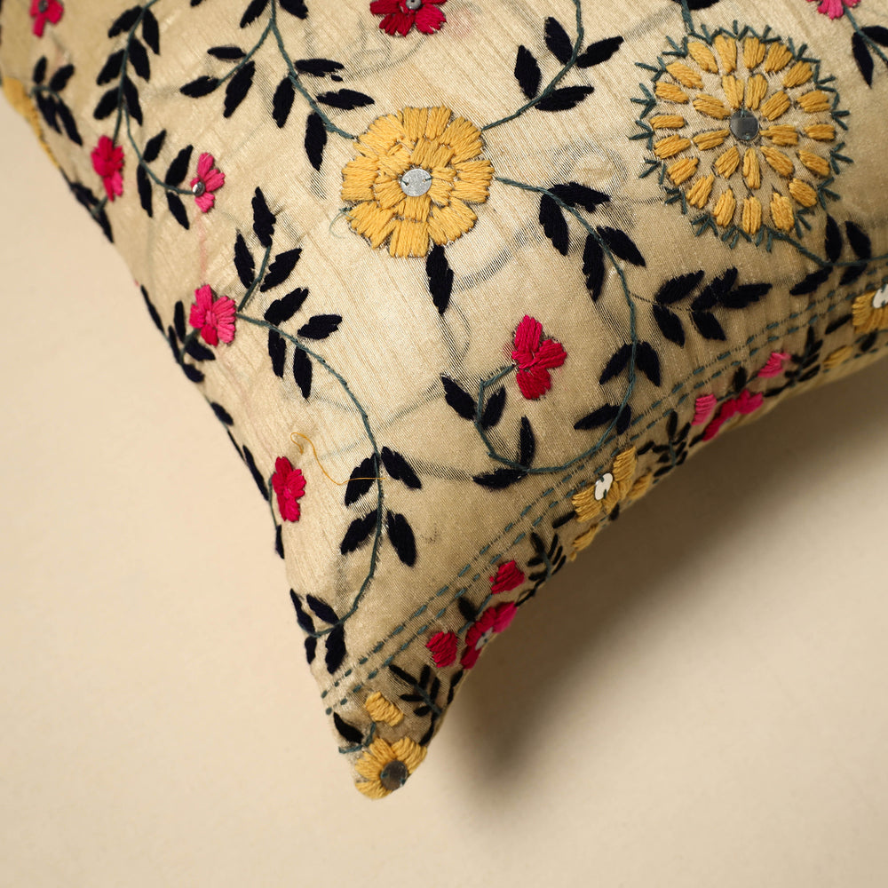 Beige - Silk Cotton Phulkari Embroidered Cushion Cover 01