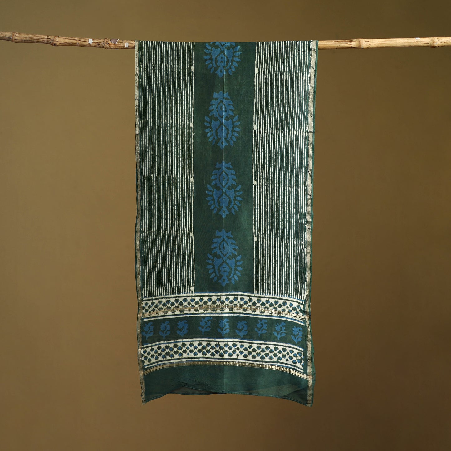 Green - Pipad Hand Block Print Natural Dyed Chanderi Silk Handloom Stole 75