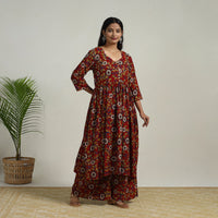 Red - Flared Cotton Block Print Kalamkari Kurta Set 02