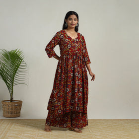 Buy Red Flared Cotton Block Print Kalamkari Kurta Set