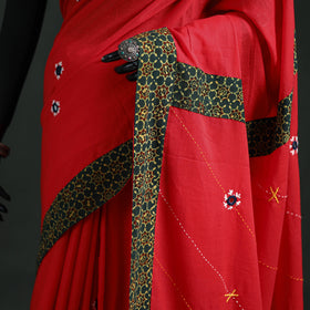 Tagai & Mirror Embroidered Ajrakh Patchwork Pure Mul Cotton Saree with Blouse Piece 02