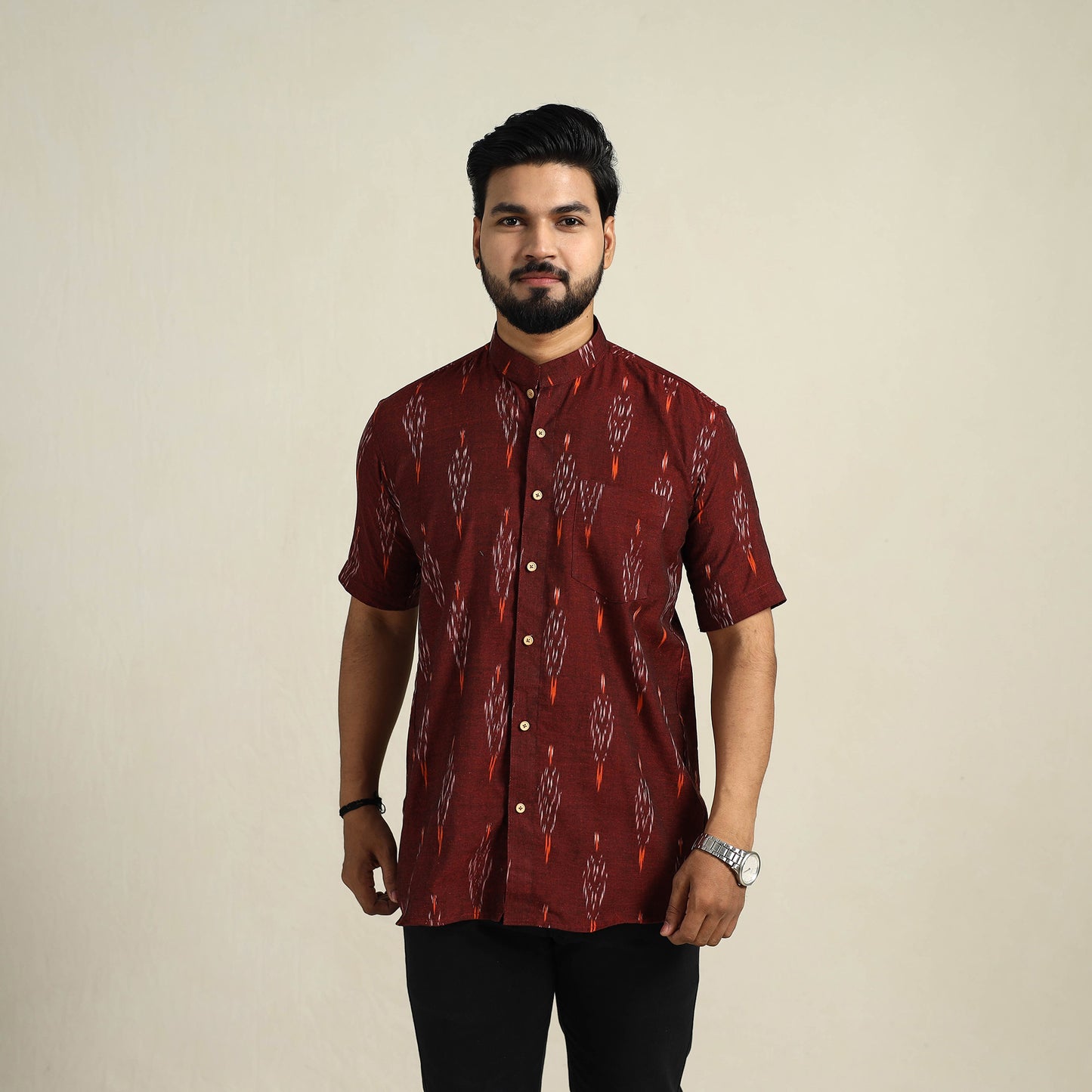 Maroon - Half Sleeve Men Cotton Pochampally Ikat Shirt 10