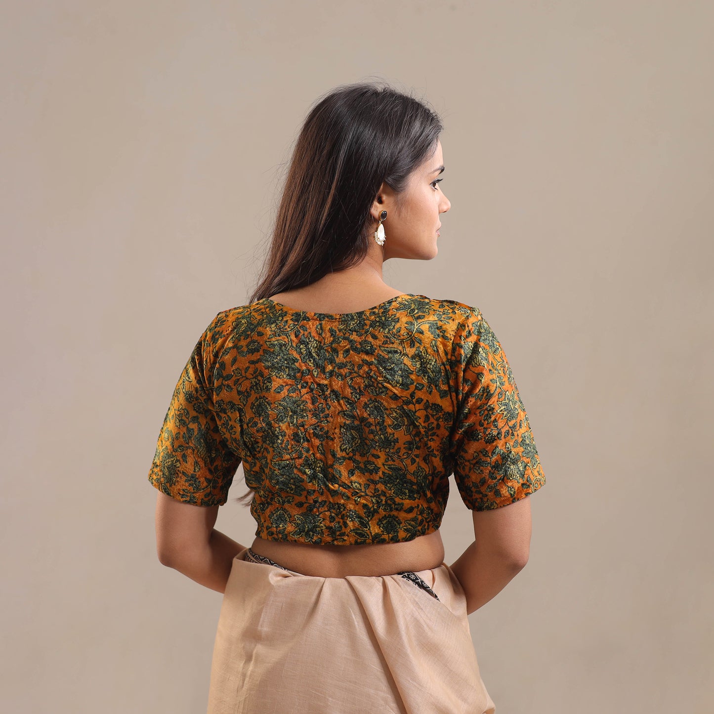 Yellow - Velvet Natural Dyed Ajrakh Print Blouse 01