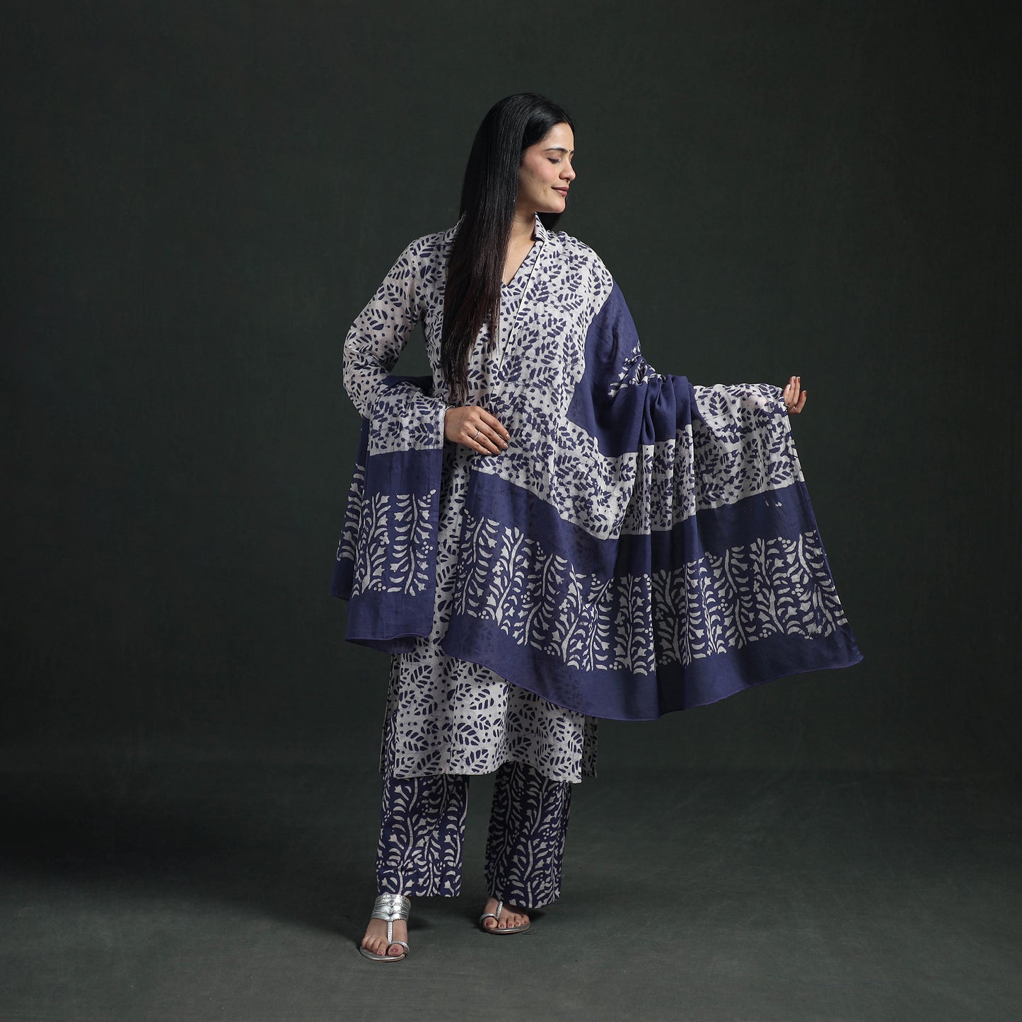 Hand Batik Print Cotton Suit Set with Dupatta for Women 14