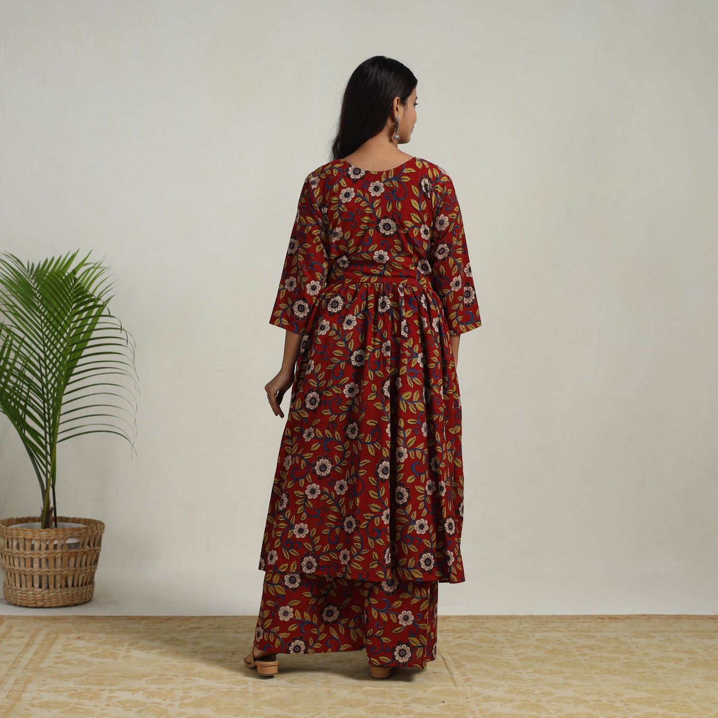 Red - Flared Cotton Block Print Kalamkari Kurta Set 02