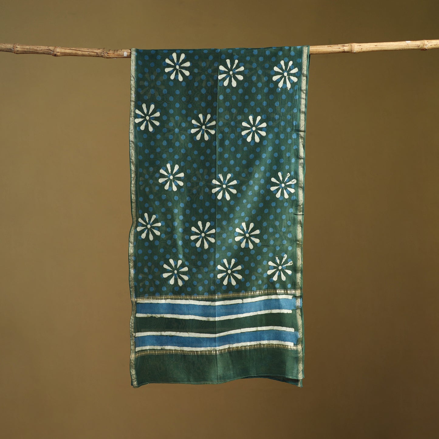 Green - Pipad Hand Block Print Natural Dyed Chanderi Silk Handloom Stole 76