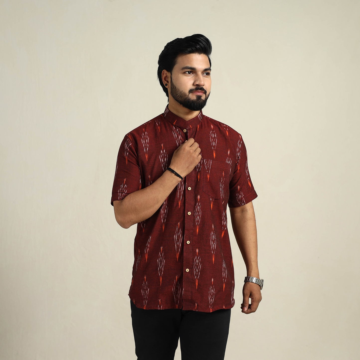 Maroon - Half Sleeve Men Cotton Pochampally Ikat Shirt 10