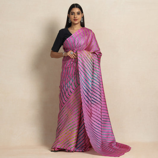 Pink - Multicolour Leheriya Tie-Dye Tussar Silk Handloom Saree