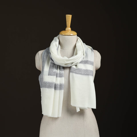 White - Plain Fine Wool Stole with Woven Border for Women 17