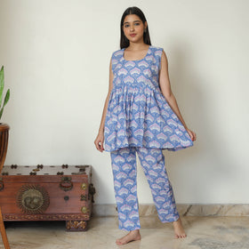 Blue - Sanganeri Block Printed Cotton Night Suit Set 23