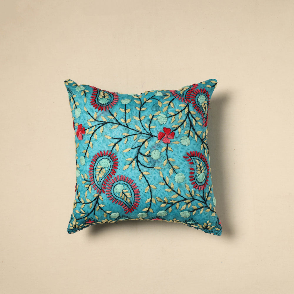 Blue - Silk Cotton Phulkari Embroidered Cushion Cover 02