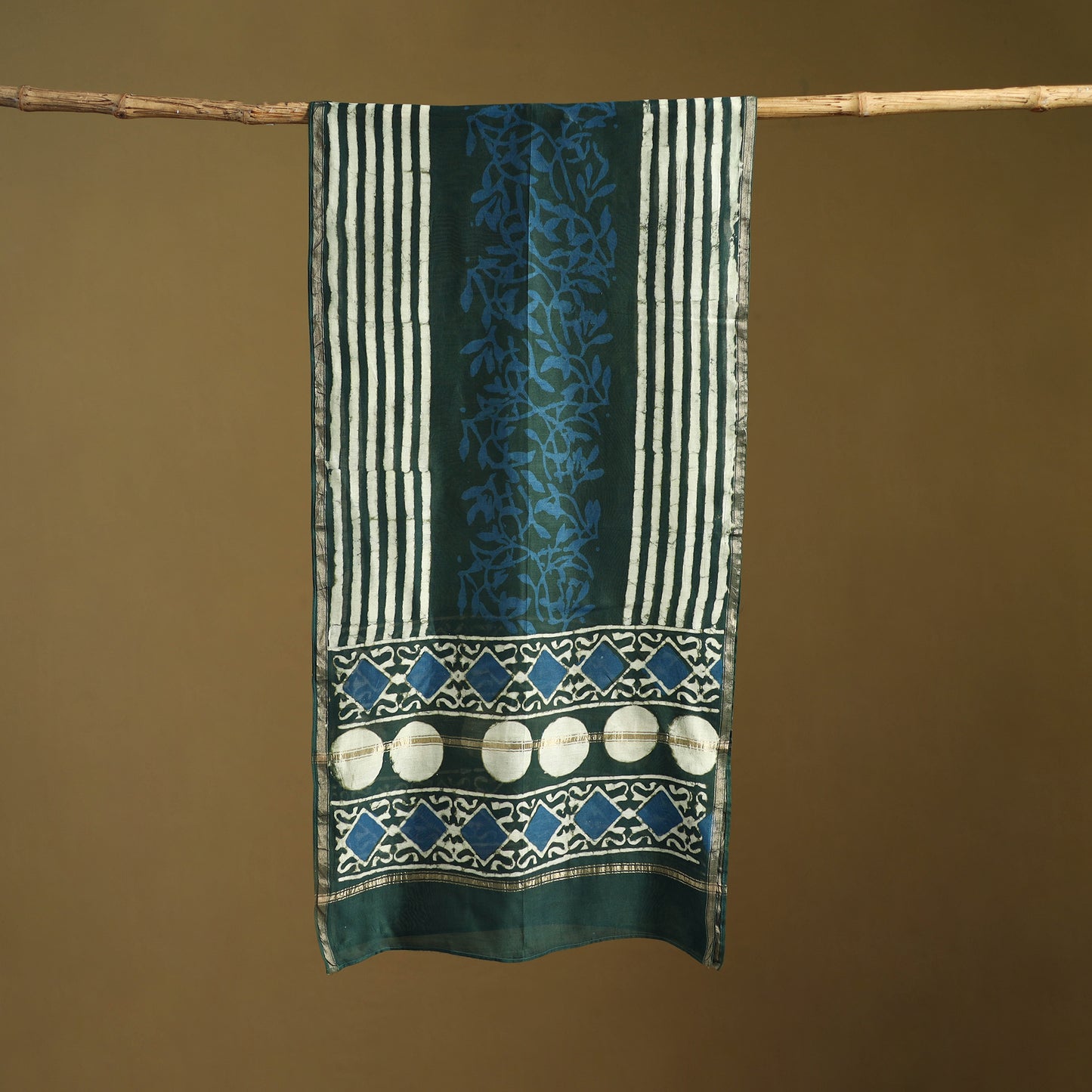 Green - Pipad Hand Block Print Natural Dyed Chanderi Silk Handloom Stole 77