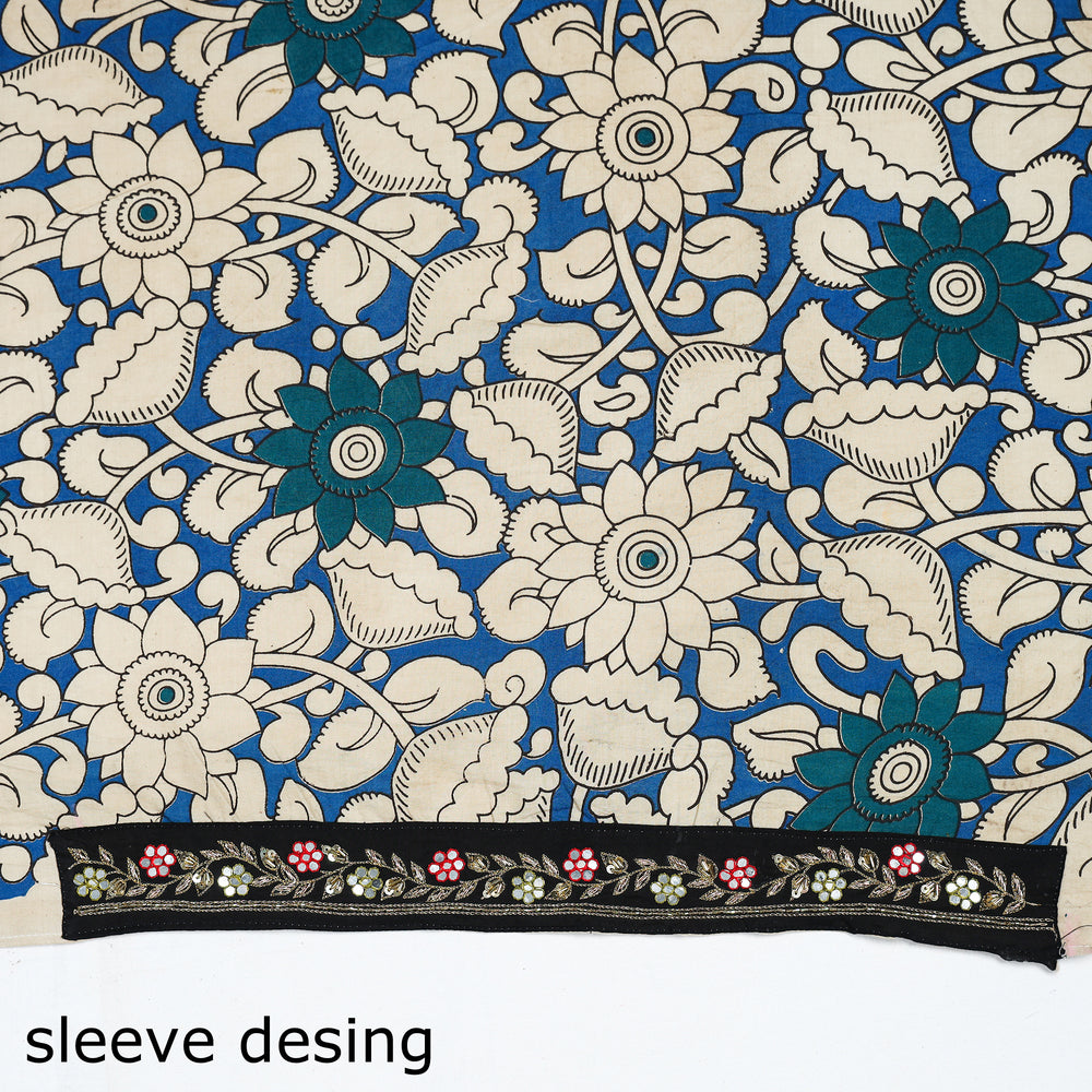 Blue - Zardozi Hand Embroidered Kalamkari Cotton Blouse Piece 32