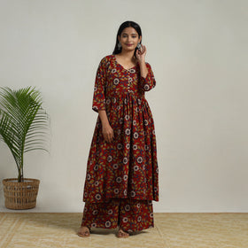 Buy Red Flared Cotton Block Print Kalamkari Kurta Set