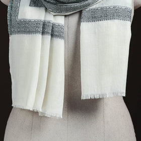White - Plain Fine Wool Stole with Woven Border for Women 19