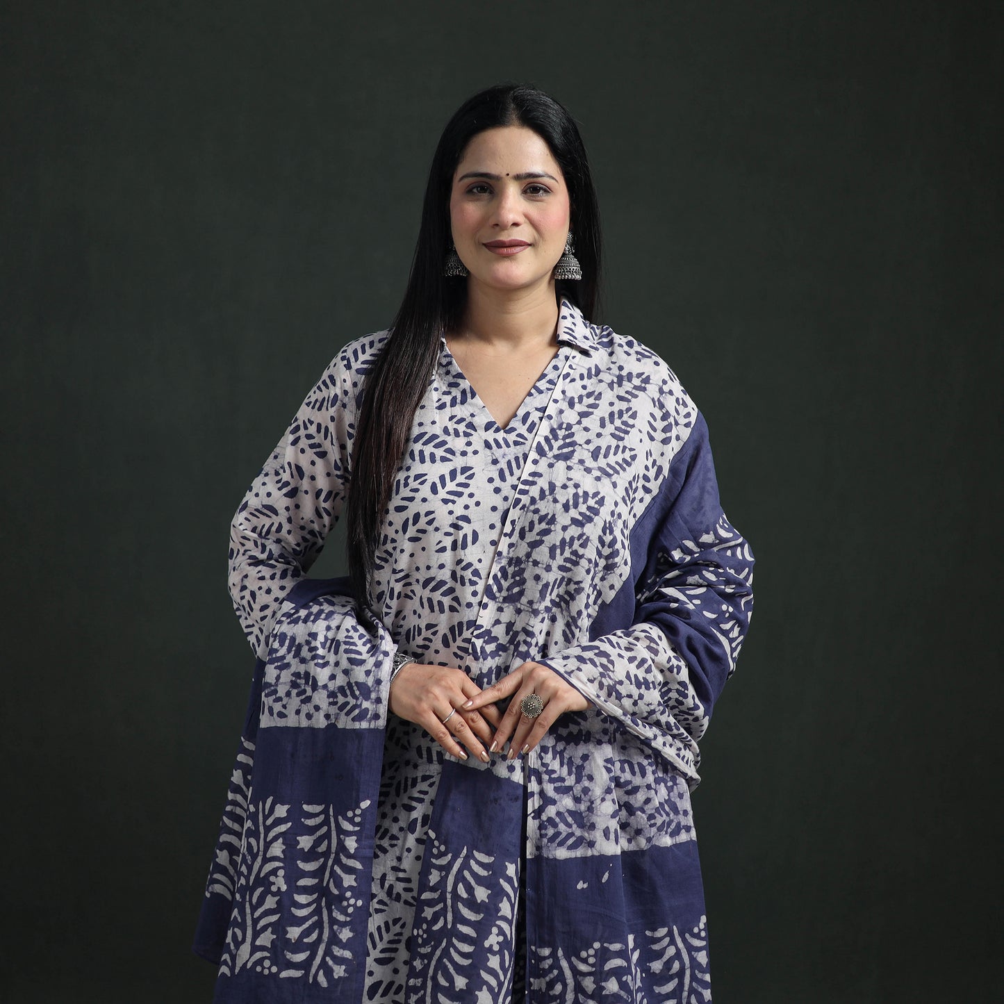 Hand Batik Print Cotton Suit Set with Dupatta for Women 14