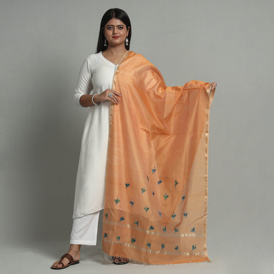 Orange - Original Gond Handpainted Handloom Maheshwari Silk Zari Work Dupatta with Tassels