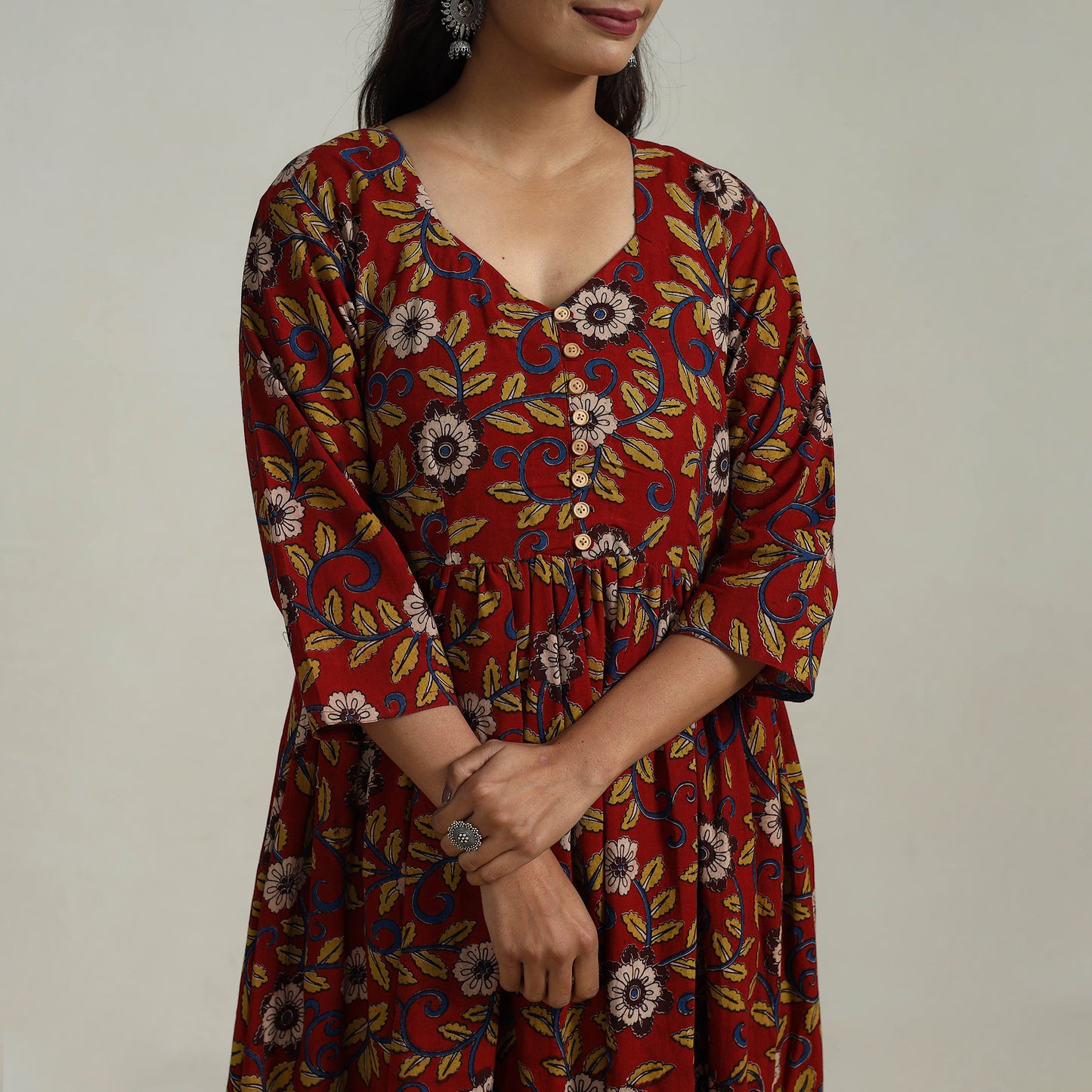 Red - Flared Cotton Block Print Kalamkari Kurta Set 02