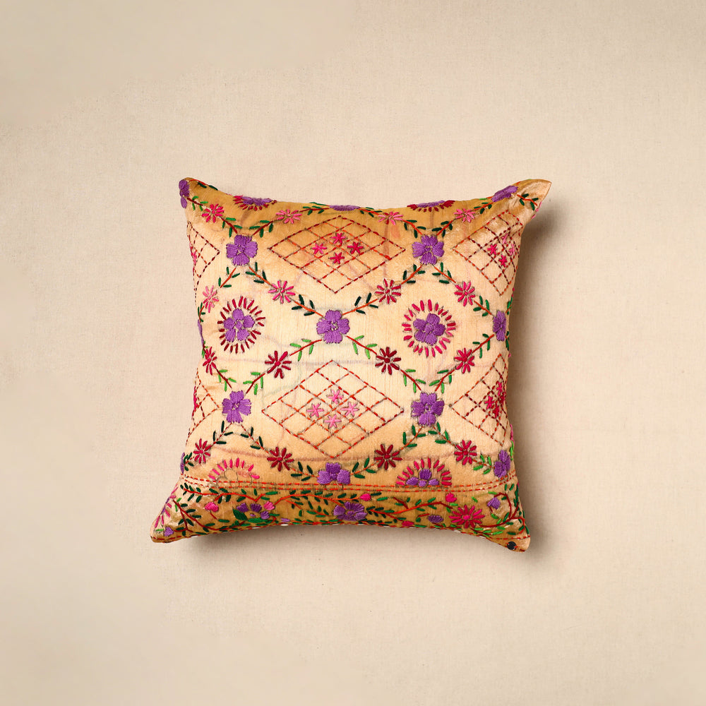 Beige - Chinon Phulkari Embroidered Cushion Cover (16 x 16 in) 07