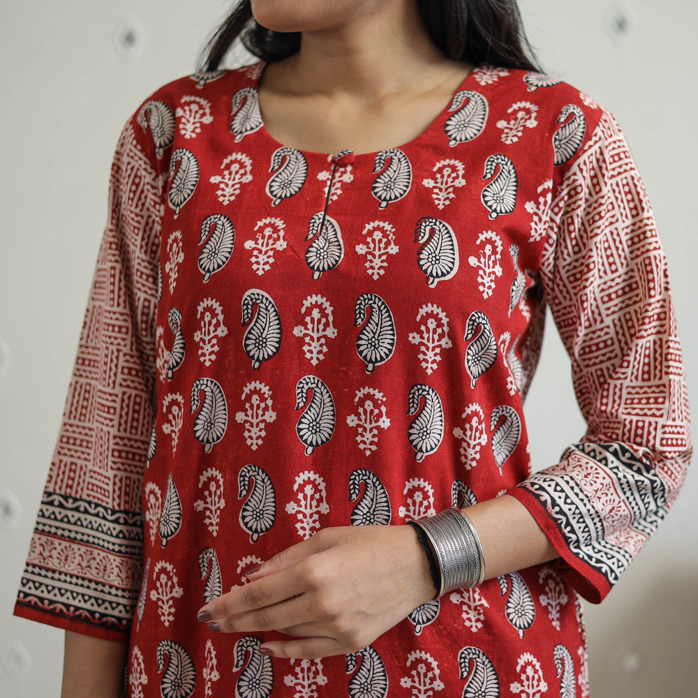 Red - Block Print Cotton Straight Bagh Kurta 02