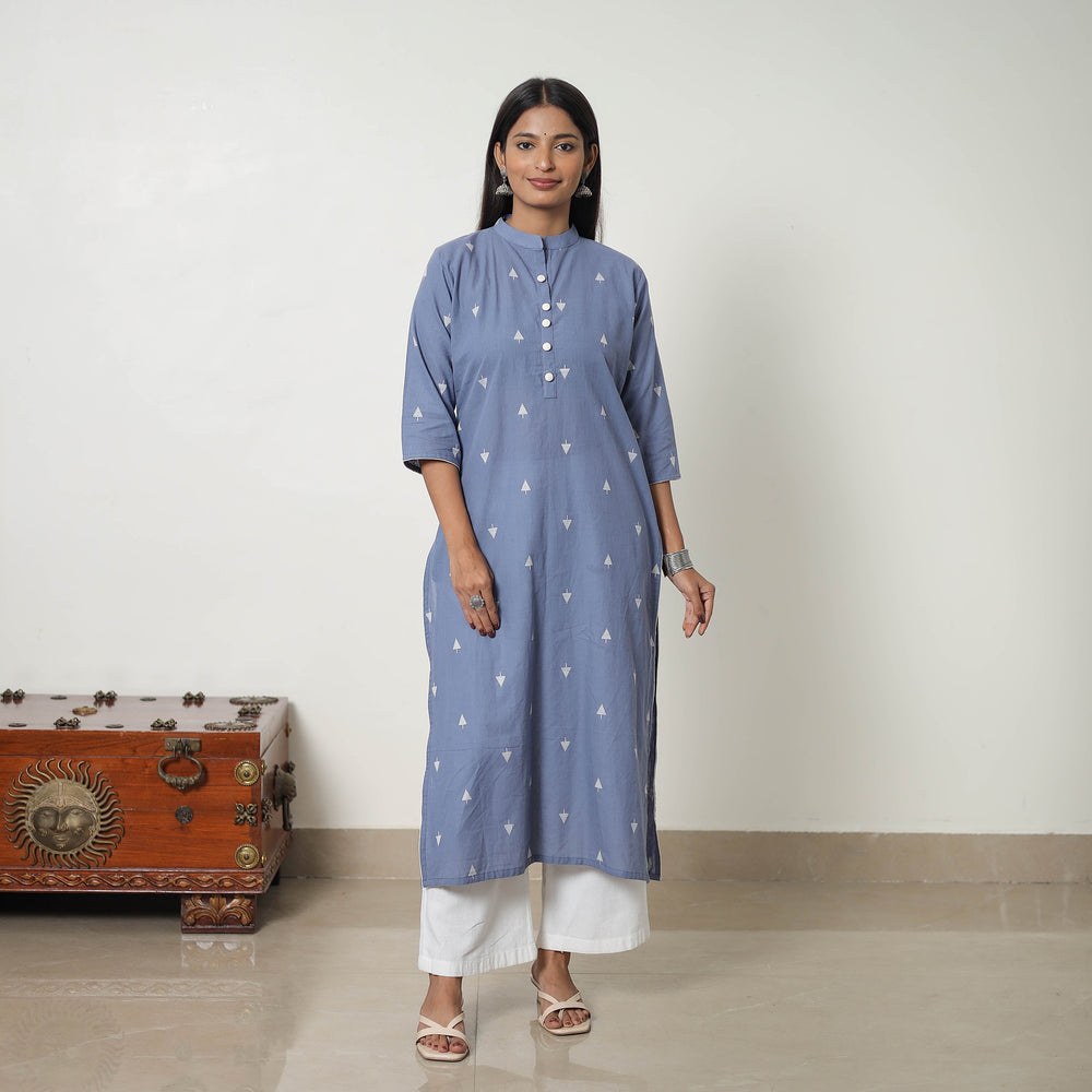 Blue - Pure Cotton A-Line Jacquard Kurta 04