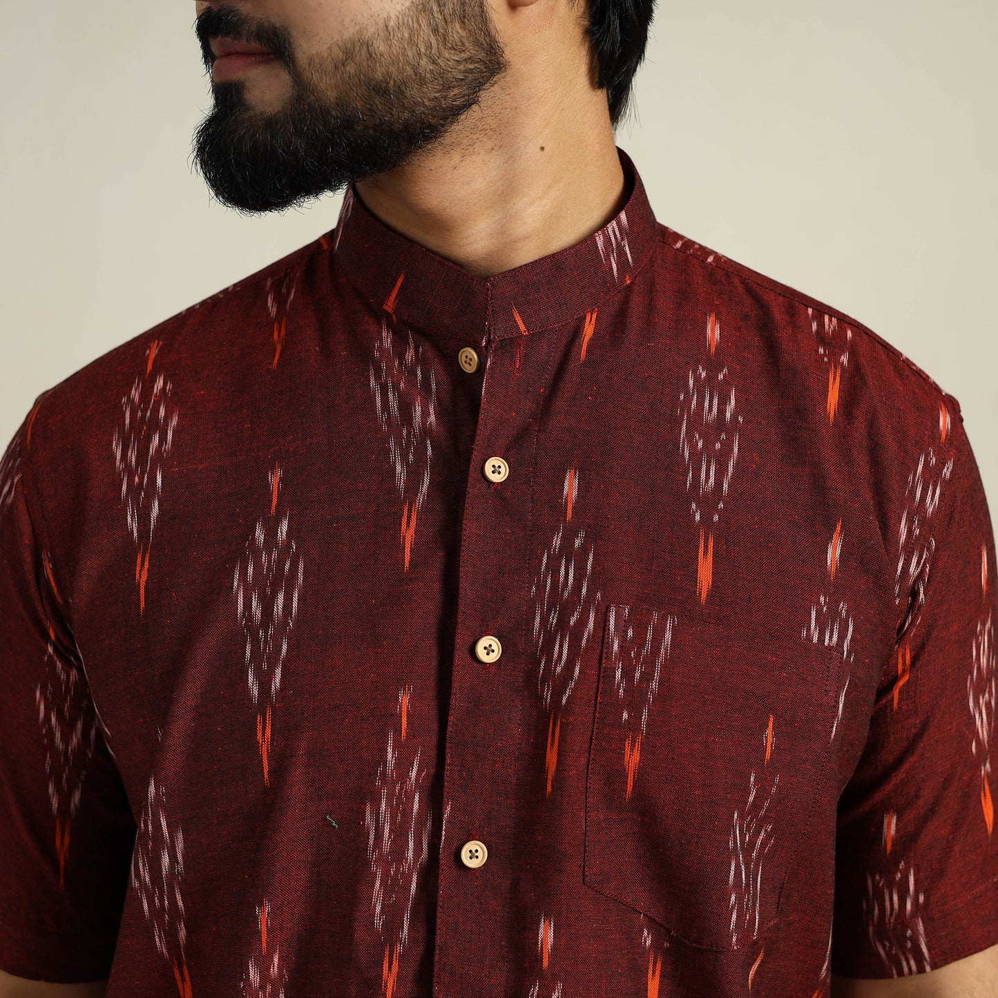 Maroon - Half Sleeve Men Cotton Pochampally Ikat Shirt 10