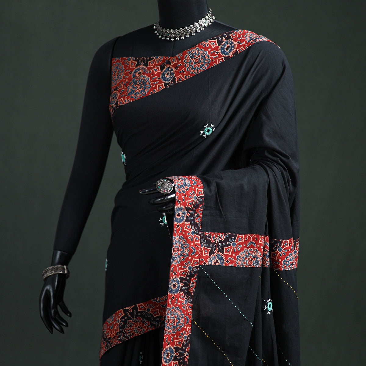 Tagai & Mirror Embroidered Ajrakh Patchwork Pure Mul Cotton Saree with Blouse Piece 01
