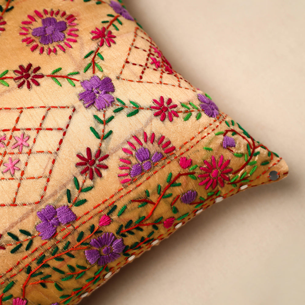 Beige - Chinon Phulkari Embroidered Cushion Cover (16 x 16 in) 07