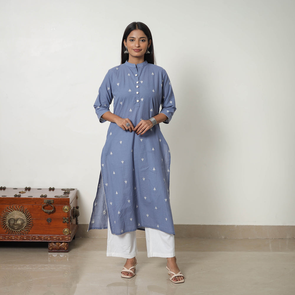 Blue - Pure Cotton A-Line Jacquard Kurta 04