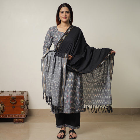 Grey - Pochampally Ikat Weave Cotton Kurta with Palazzo & Dupatta Set 03