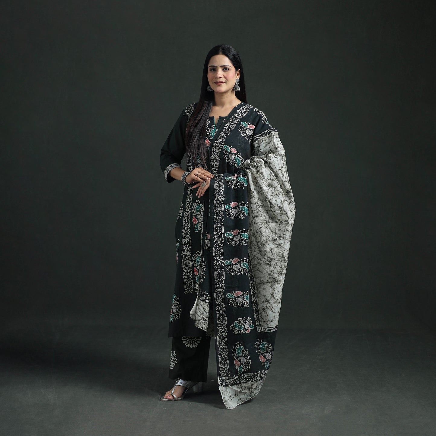 Indonesian Hand Batik Print Cotton Suit Set with Dupatta for Women 05