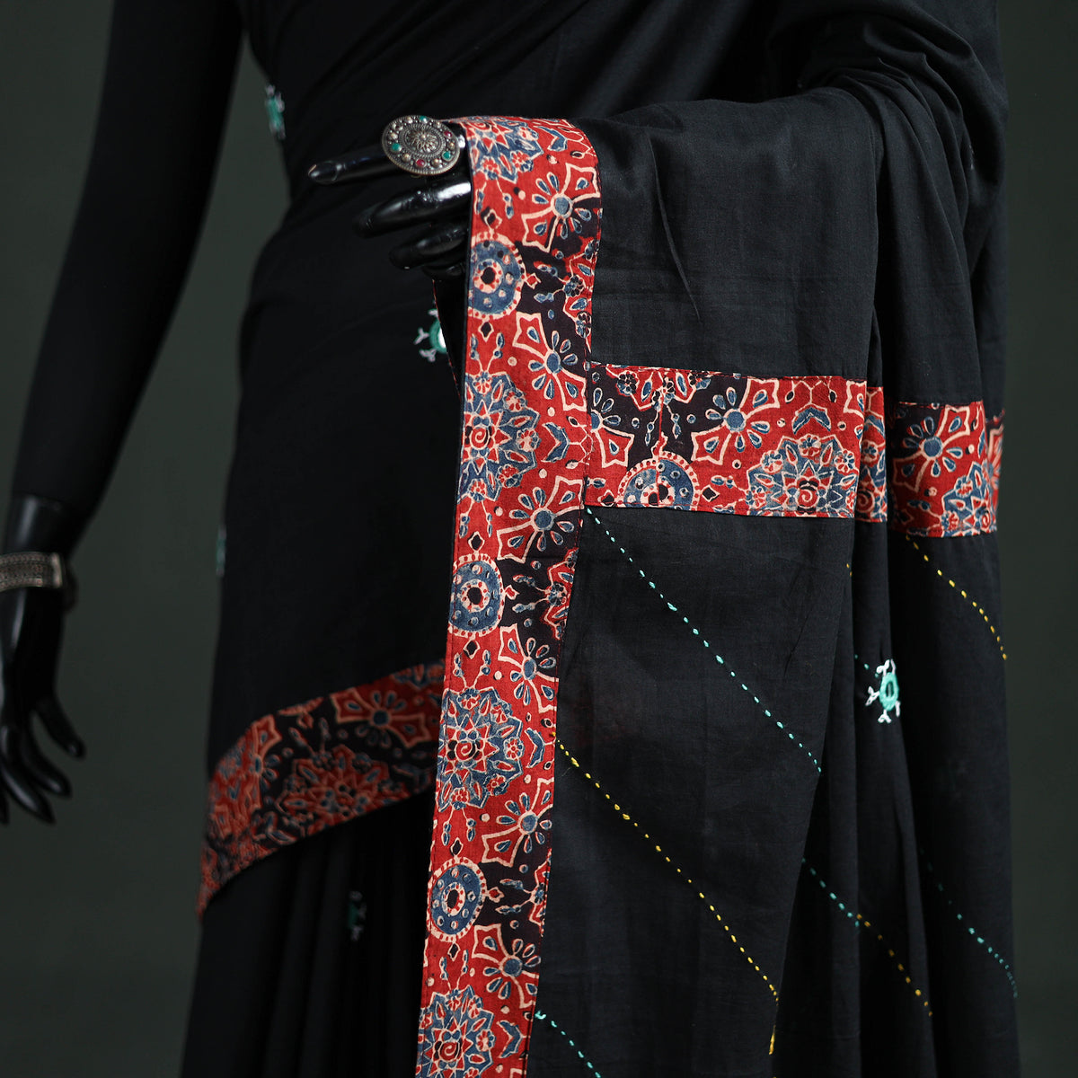 Tagai & Mirror Embroidered Ajrakh Patchwork Pure Mul Cotton Saree with Blouse Piece 01