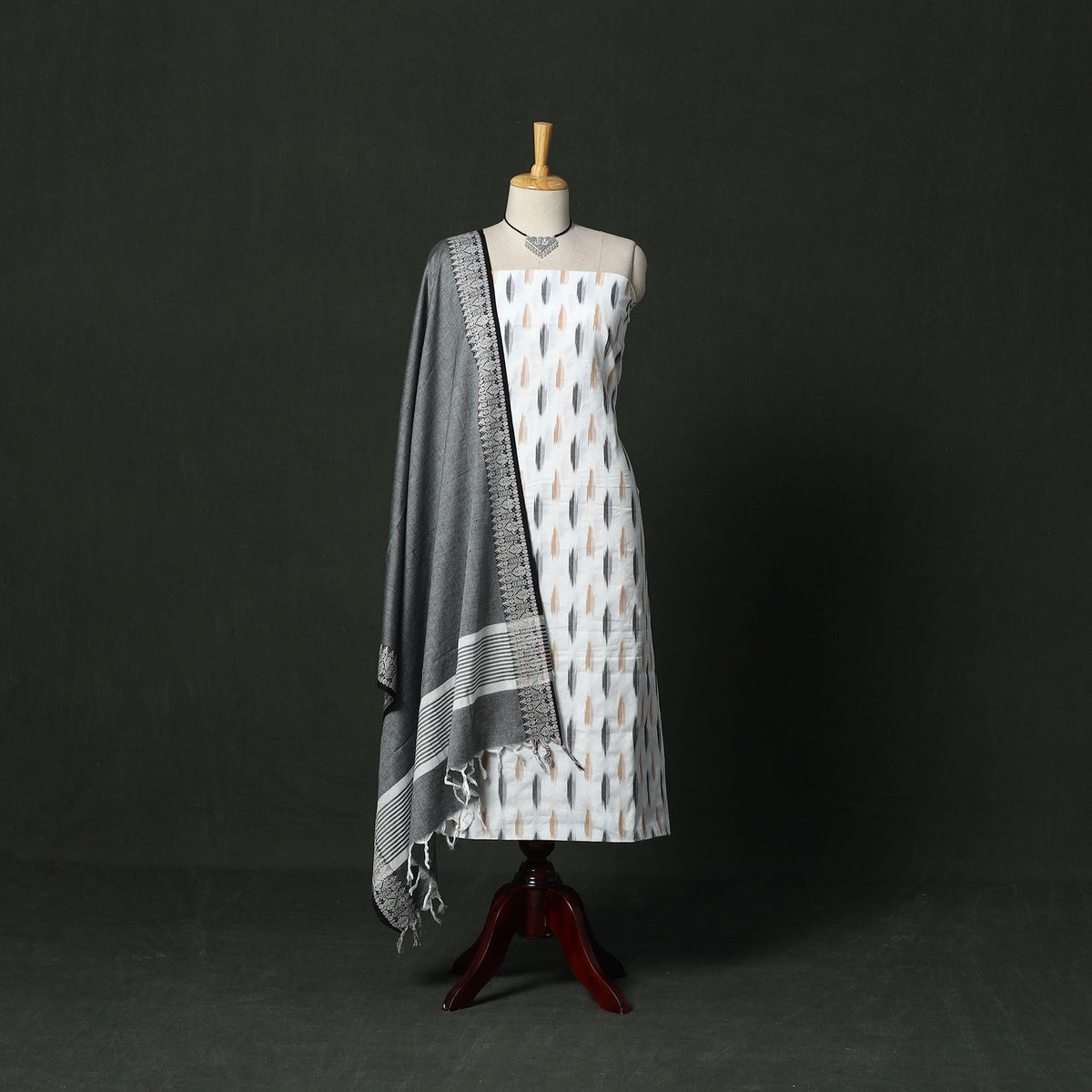 White - pochampally ikat cotton 2pc unstitched dress