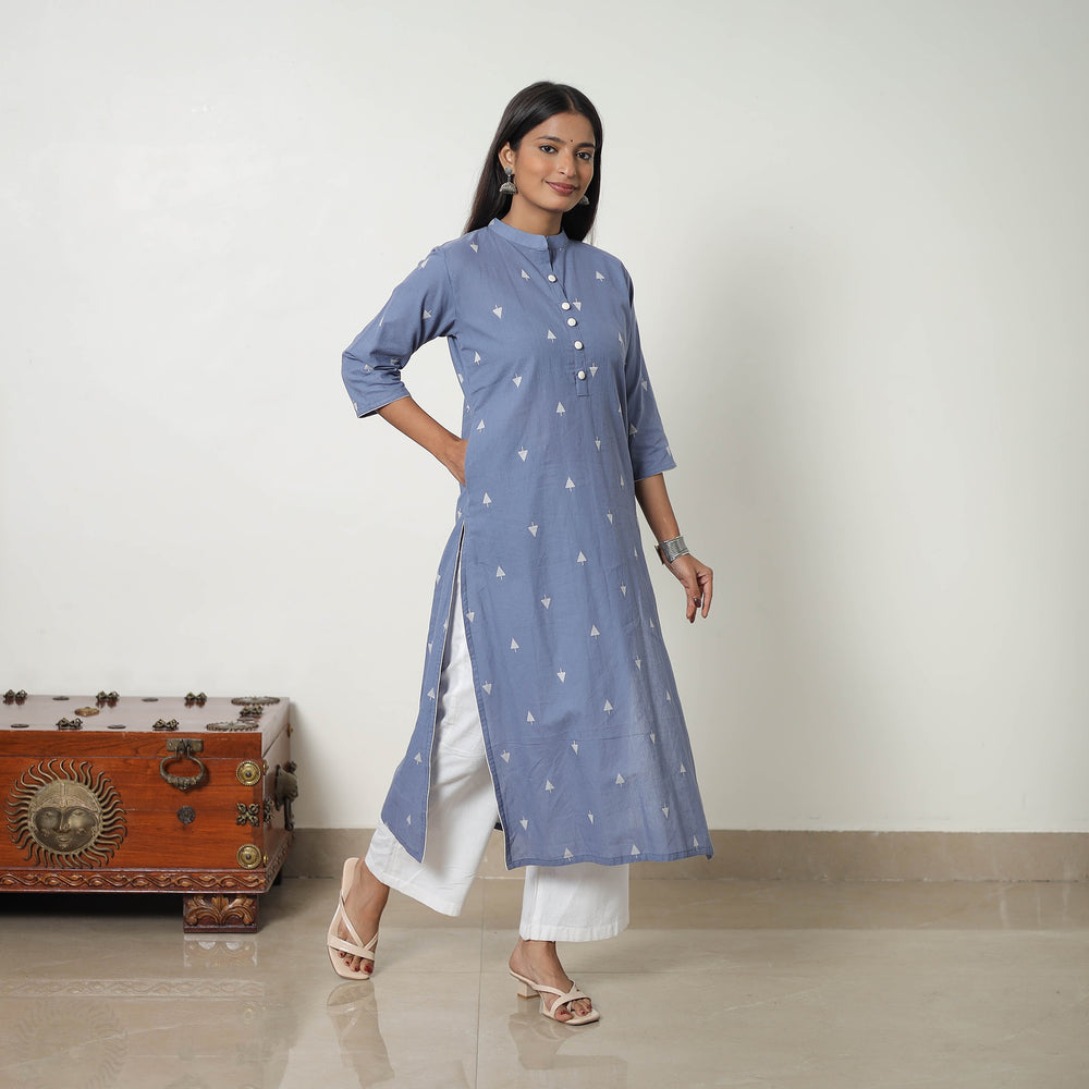 Blue - Pure Cotton A-Line Jacquard Kurta 04