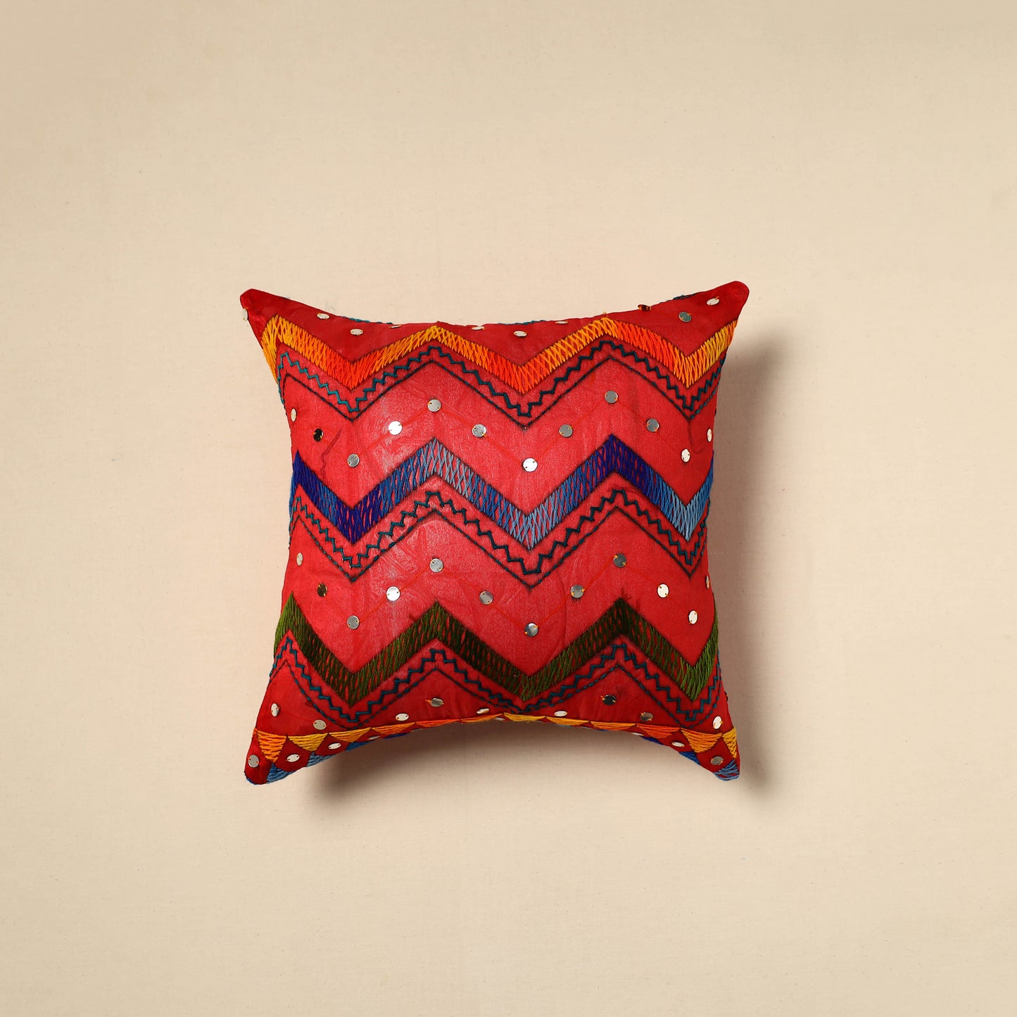 Red - Silk Cotton Phulkari Embroidered Cushion Cover 03