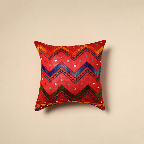 Red - Silk Cotton Phulkari Embroidered Cushion Cover 03