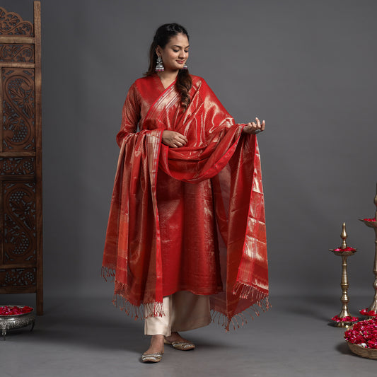 Red - Traditional Maheshwari Tissue Zari Work Cotton Handloom Kurta with Dupatta Set