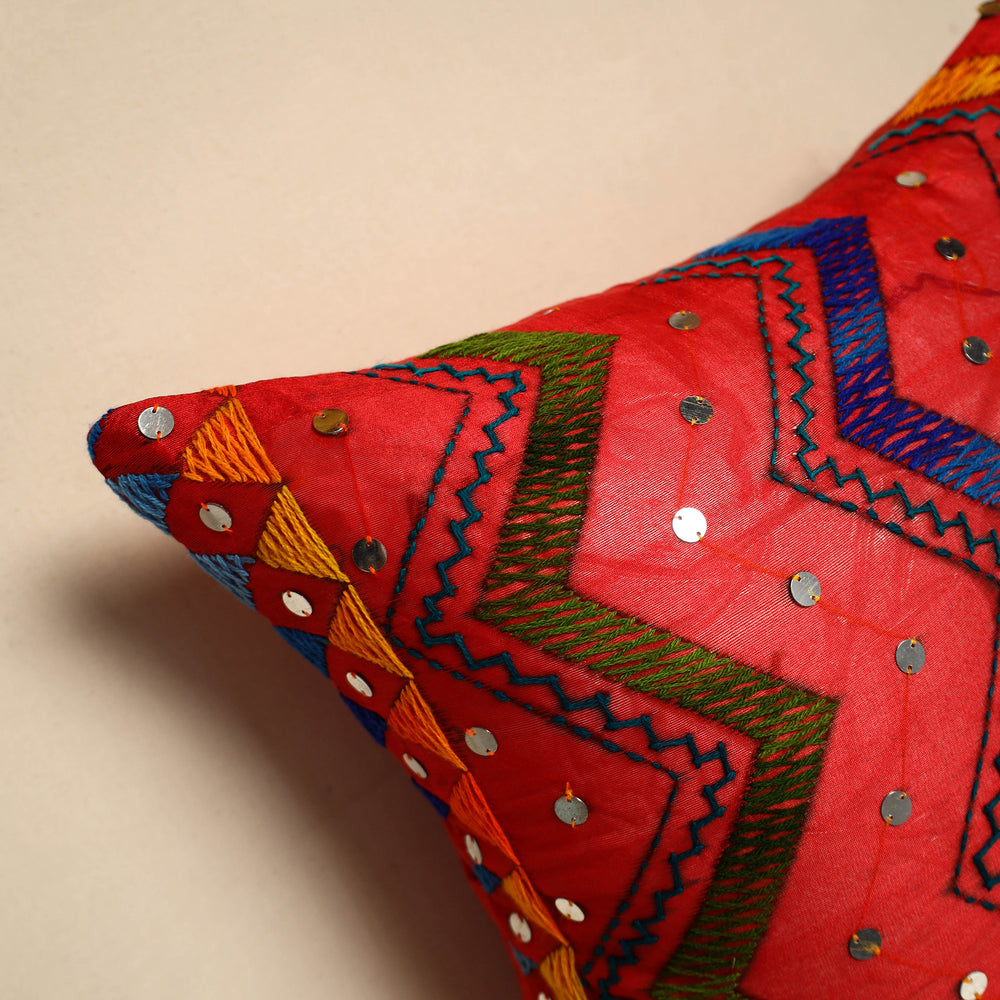 Red - Silk Cotton Phulkari Embroidered Cushion Cover 03