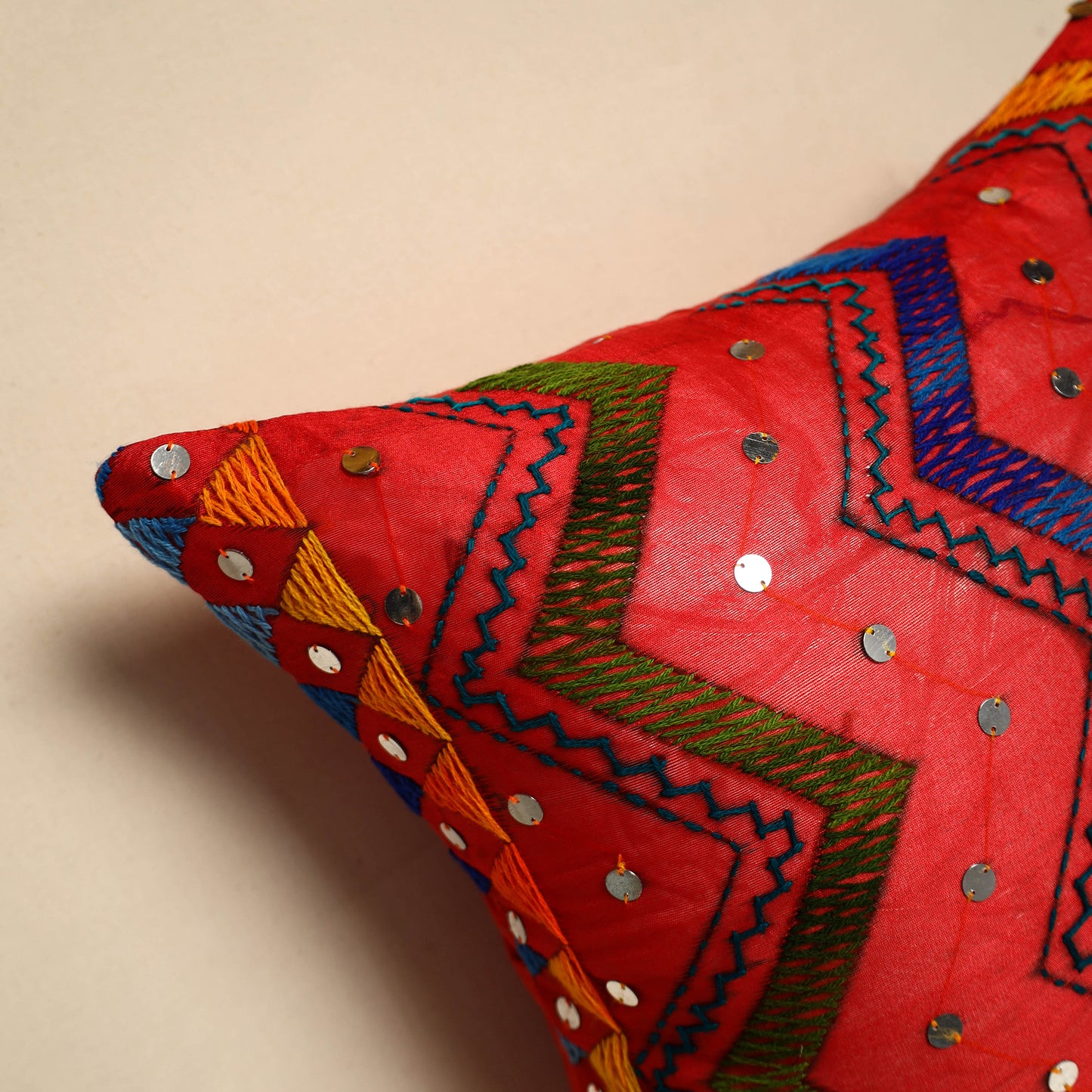 Red - Silk Cotton Phulkari Embroidered Cushion Cover 03