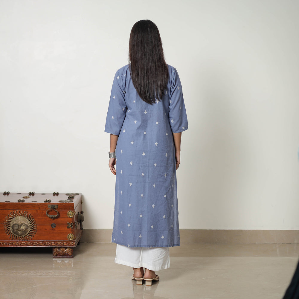 Blue - Pure Cotton A-Line Jacquard Kurta 04