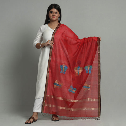 Red - Original Gond Handpainted Handloom Maheshwari Silk Zari Work Dupatta with Tassels