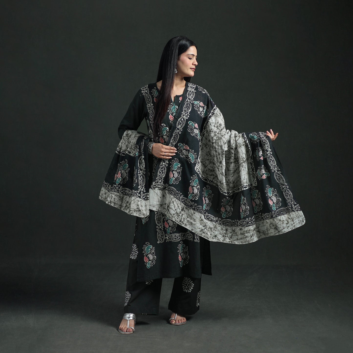 Indonesian Hand Batik Print Cotton Suit Set with Dupatta for Women 05
