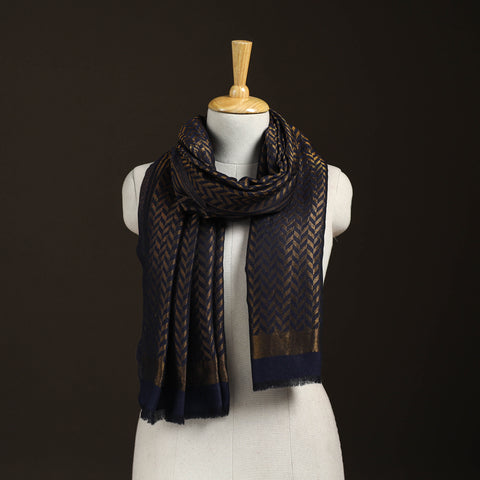 Blue - Zari Chevron Pattern Fine Wool Stole for Women 23