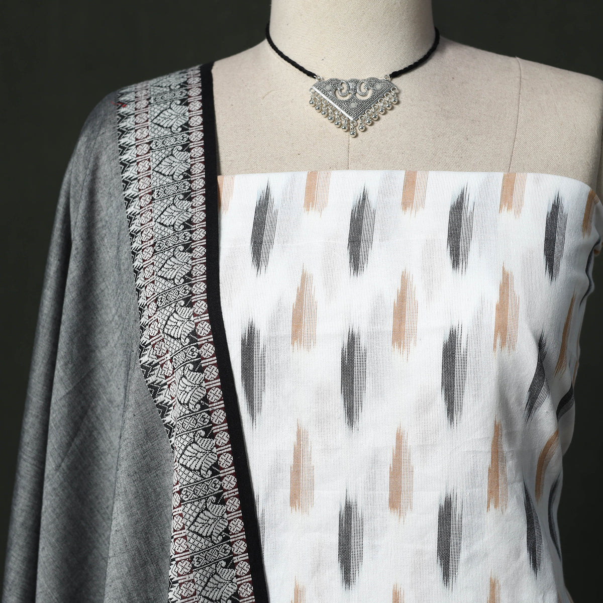 White - pochampally ikat cotton 2pc unstitched dress